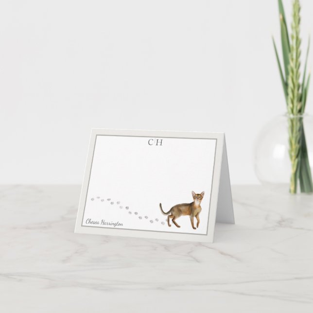Abyssinian Cat Gray Border Monogram and Name Letterpress Thank You Card (Front)