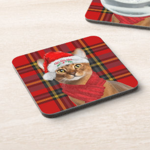 Abyssinian Cat Ho Ho Ho Santa Hat Meowy Christmas Beverage Coaster
