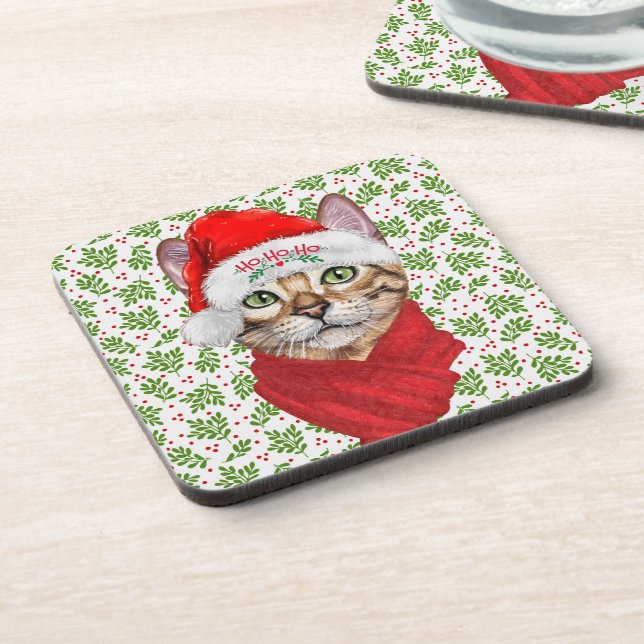 Abyssinian Cat Ho Ho Ho Santa Hat Meowy Christmas Beverage Coaster (Left Side)