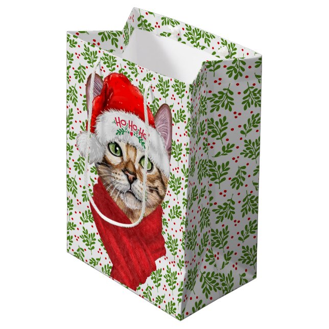 Abyssinian Cat Ho Ho Ho Santa Hat Meowy Christmas Medium Gift Bag (Front Angled)
