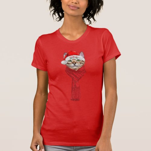 Abyssinian Cat Ho Ho Ho Santa Hat Meowy Christmas T_Shirt