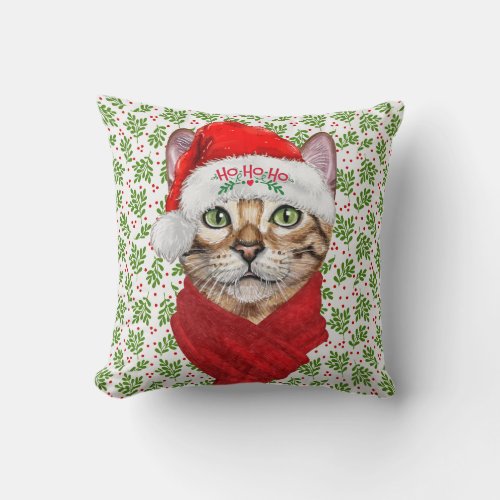 Abyssinian Cat Ho Ho Ho Santa Hat Meowy Christmas Throw Pillow