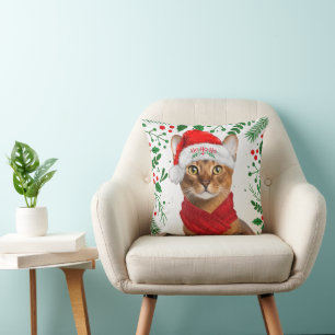 Abyssinian Cat Ho Ho Ho Santa Hat Meowy Christmas Throw Pillow