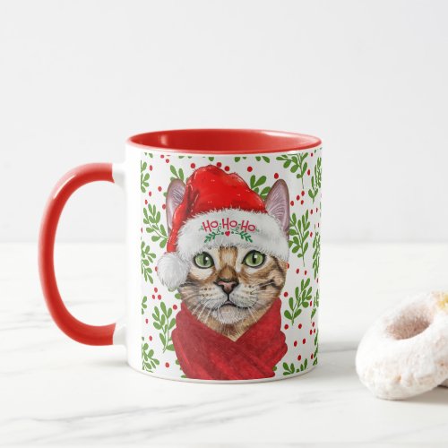 Abyssinian Cat in a Santa Hat with Holly Christmas Mug