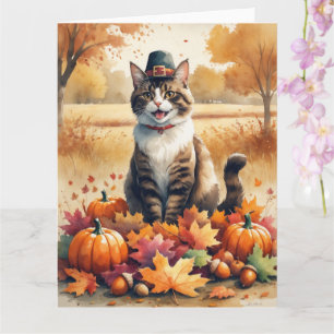 Abyssinian Cat in Autumn Leaves Thanksgiving Art Card