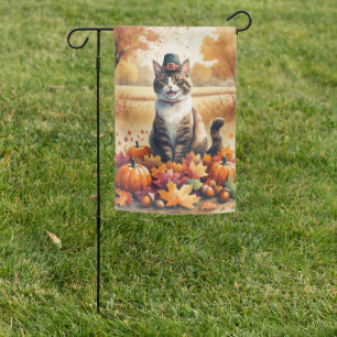 Abyssinian Cat in Autumn Leaves Thanksgiving Art Garden Flag