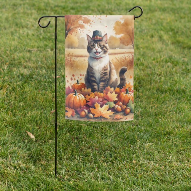 Abyssinian Cat  in Autumn Leaves Thanksgiving Art  Garden Flag (In SItu)