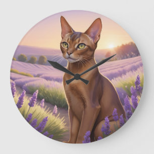 Abyssinian Cat in Lavender Field Large Clock