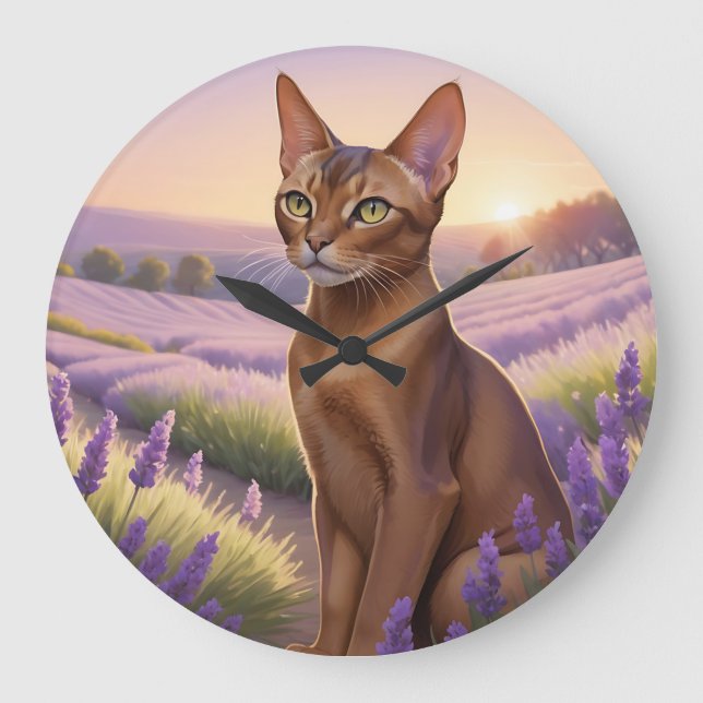 Abyssinian Cat in Lavender Field Large Clock (Front)