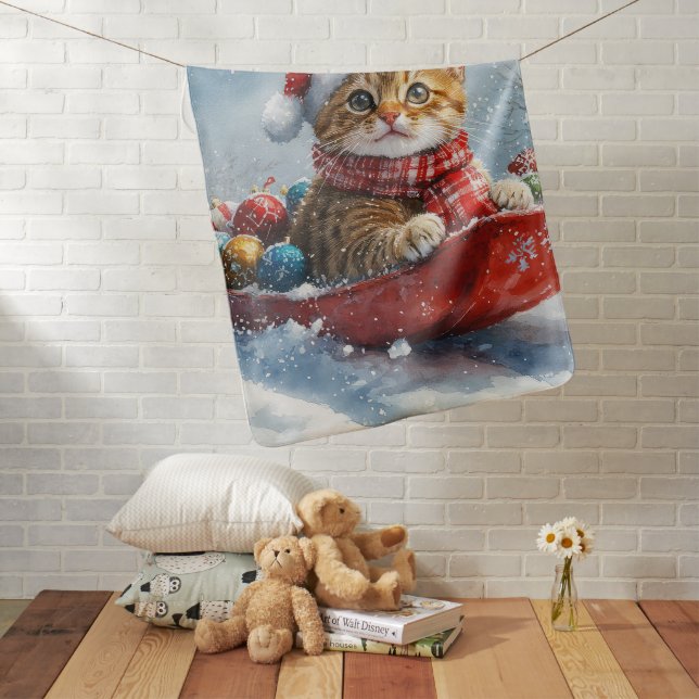 Abyssinian Cat in Sledge Let it Snow Christmas Baby Blanket (In Situ)