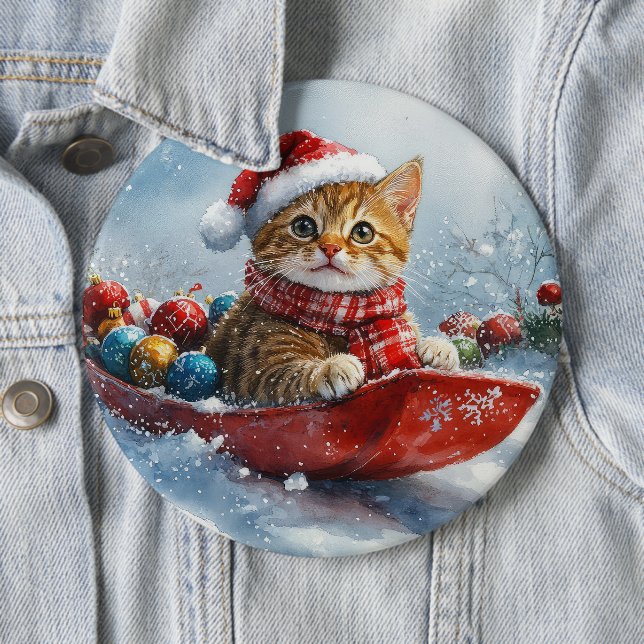 Abyssinian Cat in Sledge Let it Snow Christmas Button (In Situ)