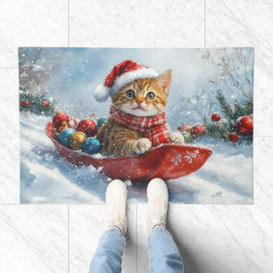 Abyssinian Cat in Sledge Let it Snow Christmas Doormat