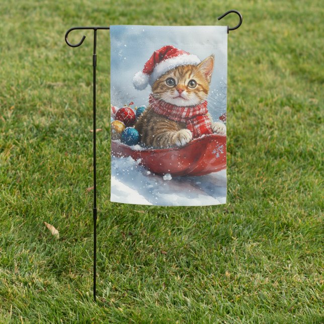Abyssinian Cat in Sledge Let it Snow Christmas Garden Flag (In SItu)