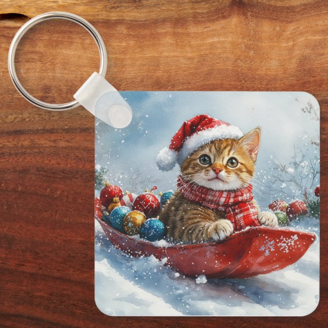 Abyssinian Cat in Sledge Let it Snow Christmas Keychain (Front)