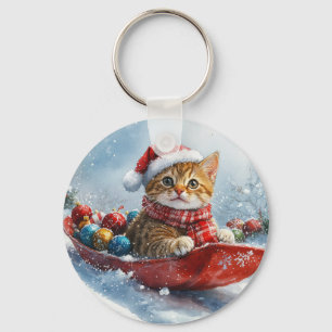 Abyssinian Cat in Sledge Let it Snow Christmas Keychain