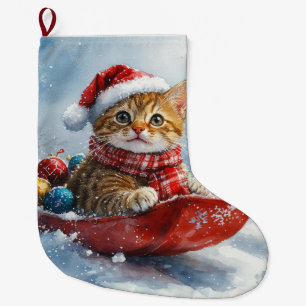 Abyssinian Cat in Sledge Let it Snow Christmas Large Christmas Stocking