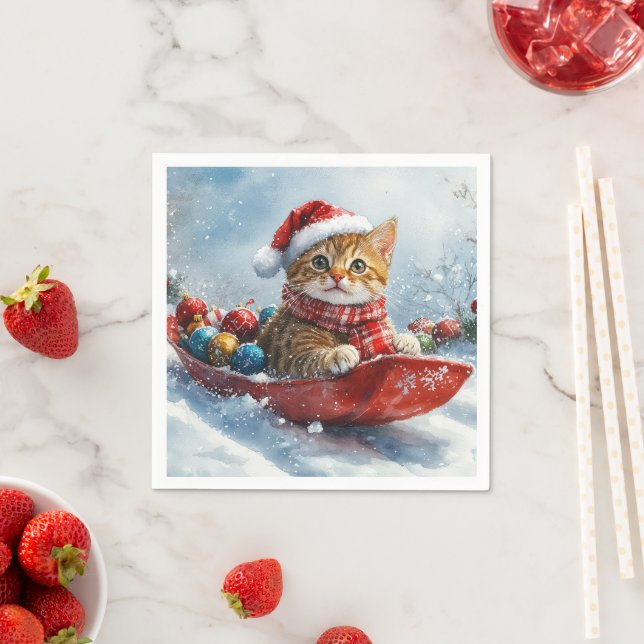 Abyssinian Cat in Sledge Let it Snow Christmas Napkins (Insitu)
