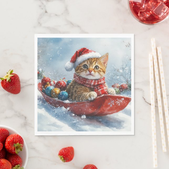 Abyssinian Cat in Sledge Let it Snow Christmas Napkins (Insitu)