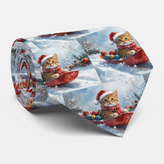 Abyssinian Cat in Sledge Let it Snow Christmas Neck Tie (Rolled)