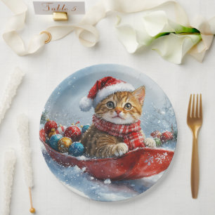 Abyssinian Cat in Sledge Let it Snow Christmas Paper Plates