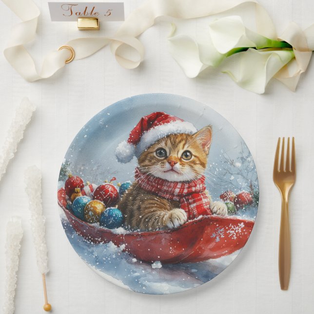 Abyssinian Cat in Sledge Let it Snow Christmas Paper Plates (Wedding)