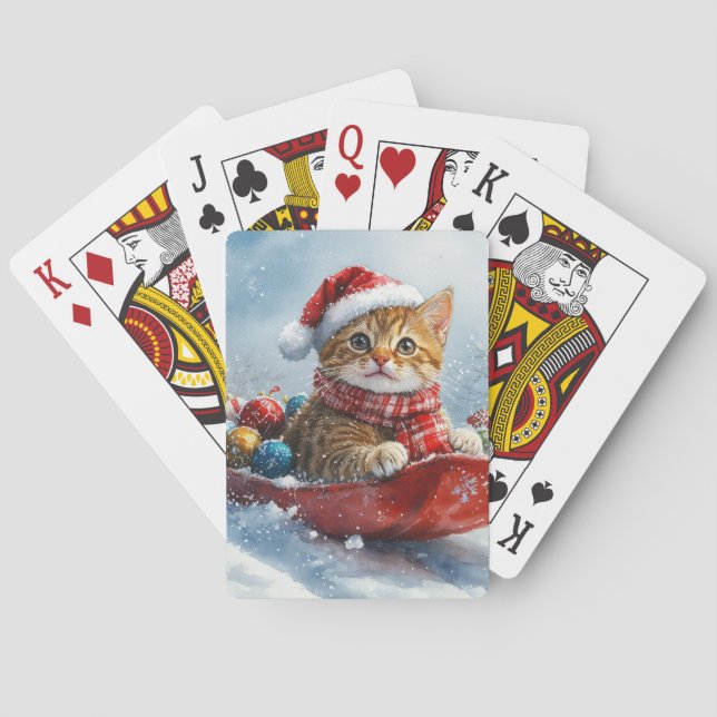 Abyssinian Cat in Sledge Let it Snow Christmas Poker Cards (Back)