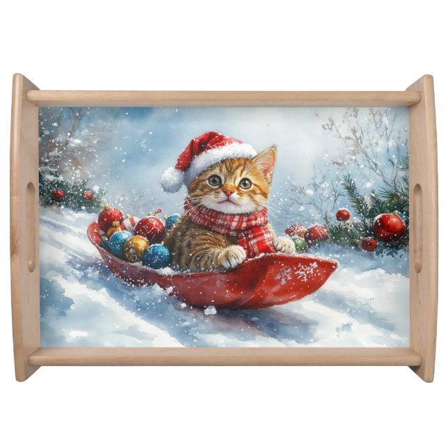 Abyssinian Cat in Sledge Let it Snow Christmas Serving Tray (Front)