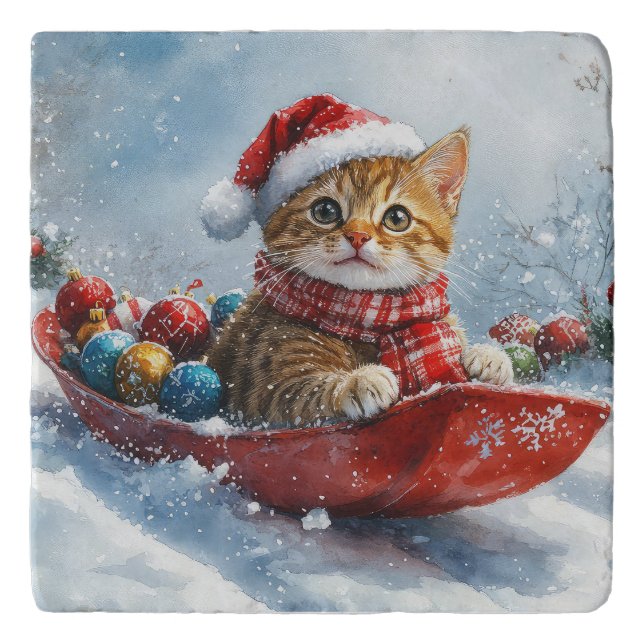 Abyssinian Cat in Sledge Let it Snow Christmas Trivet (Front)