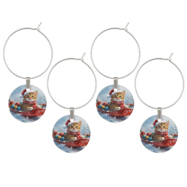 Abyssinian Cat in Sledge Let it Snow Christmas Wine Charm (Staggered)