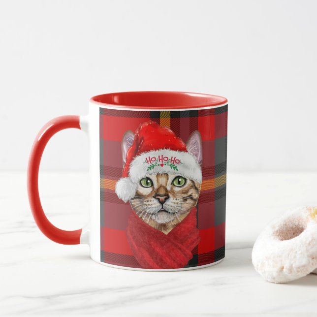 Abyssinian Cat Lover Red Plaid Christmas Mug (With Donut)