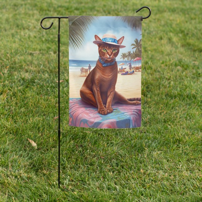 Abyssinian cat on Beach, summer gift for cat lover Garden Flag (In SItu)
