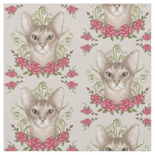 Abyssinian Cat Roses Fabric