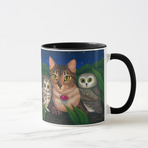 Abyssinian Cat Saw Whet Owls Fantasy Art Mug