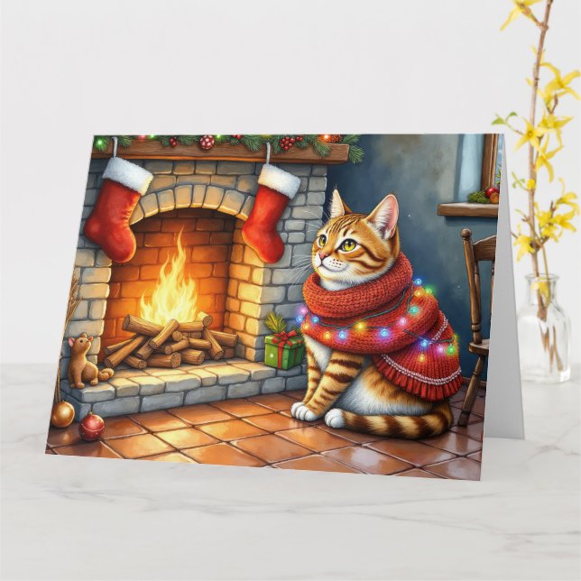 Abyssinian Cat Sitting by Fireplace with Christmas Card (Yellow Flower)