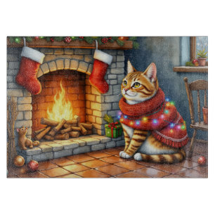 Abyssinian Cat Sitting by Fireplace with Christmas Cutting Board