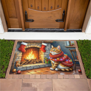 Abyssinian Cat Sitting by Fireplace with Christmas Doormat