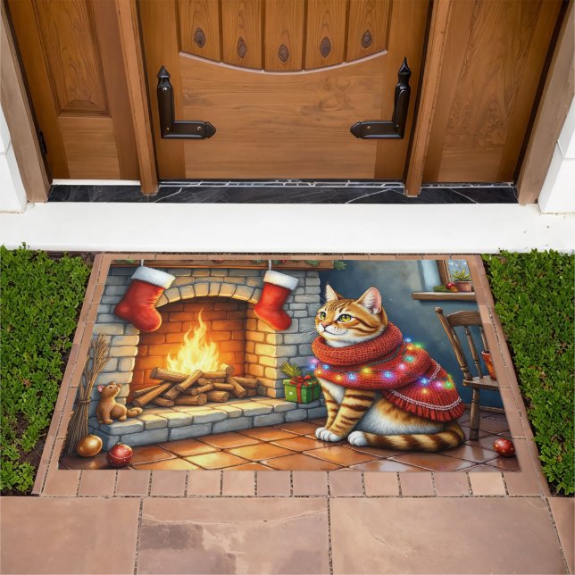 Abyssinian Cat Sitting by Fireplace with Christmas Doormat (Outdoor)