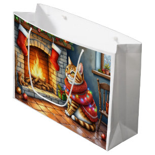Abyssinian Cat Sitting by Fireplace with Christmas Large Gift Bag