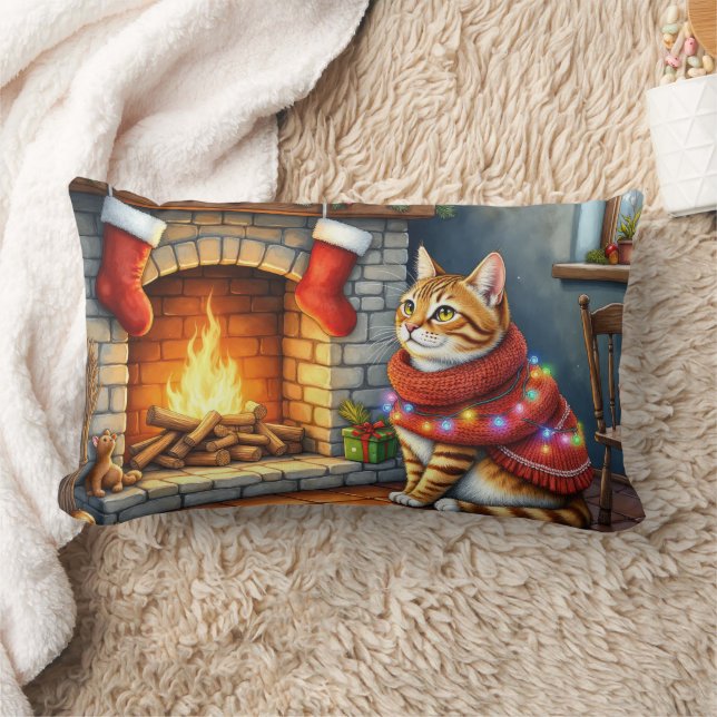 Abyssinian Cat Sitting by Fireplace with Christmas Lumbar Pillow (Blanket)