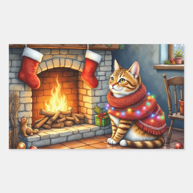 Abyssinian Cat Sitting by Fireplace with Christmas Rectangular Sticker (Front)