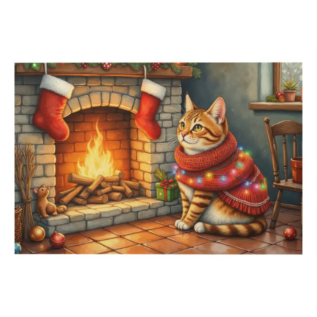 Abyssinian Cat Sitting by Fireplace with Christmas Wood Wall Art (Front)
