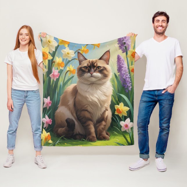 Abyssinian Cat Spring Flowers Painting Fleece Blanket (In Situ)