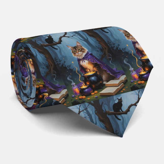Abyssinian Cat  Whimsical Halloween Painting  Neck Tie (Rolled)