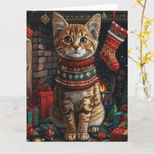 Abyssinian Cat With Christmas Gifts Fireplace Card