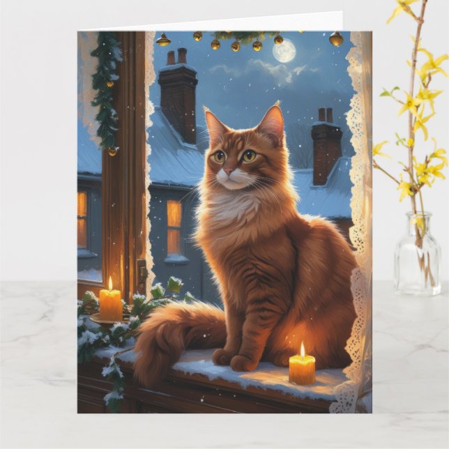 Abyssinian Cat With Christmas Lights Holiday Card (Yellow Flower)