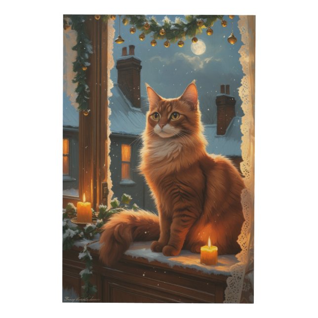 Abyssinian Cat With Christmas Lights Holiday Wood Wall Art (Front)