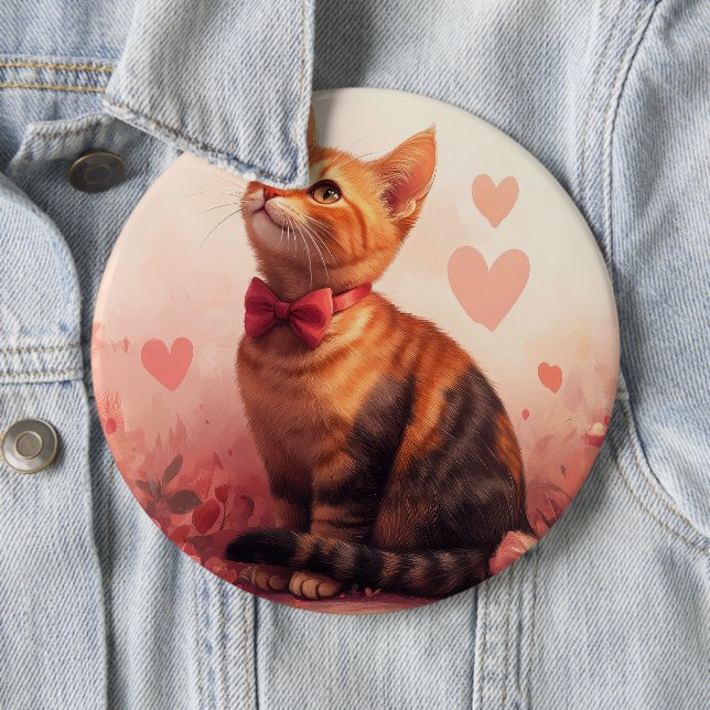 Abyssinian Cat with Roses - Valentine's Day Button (In Situ)