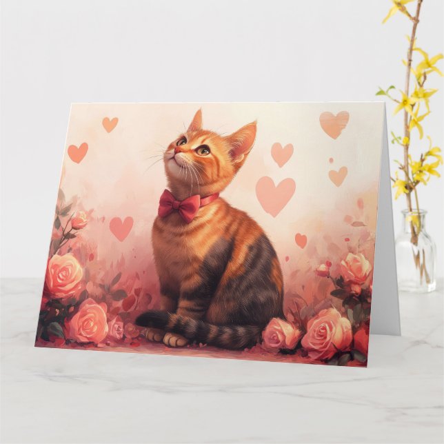 Abyssinian Cat with Roses - Valentine's Day Card (Yellow Flower)