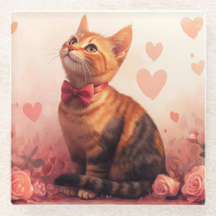 Abyssinian Cat with Roses - Valentine's Day  Glass Coaster