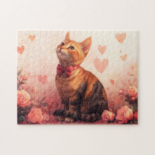 Abyssinian Cat with Roses - Valentine's Day Jigsaw Puzzle